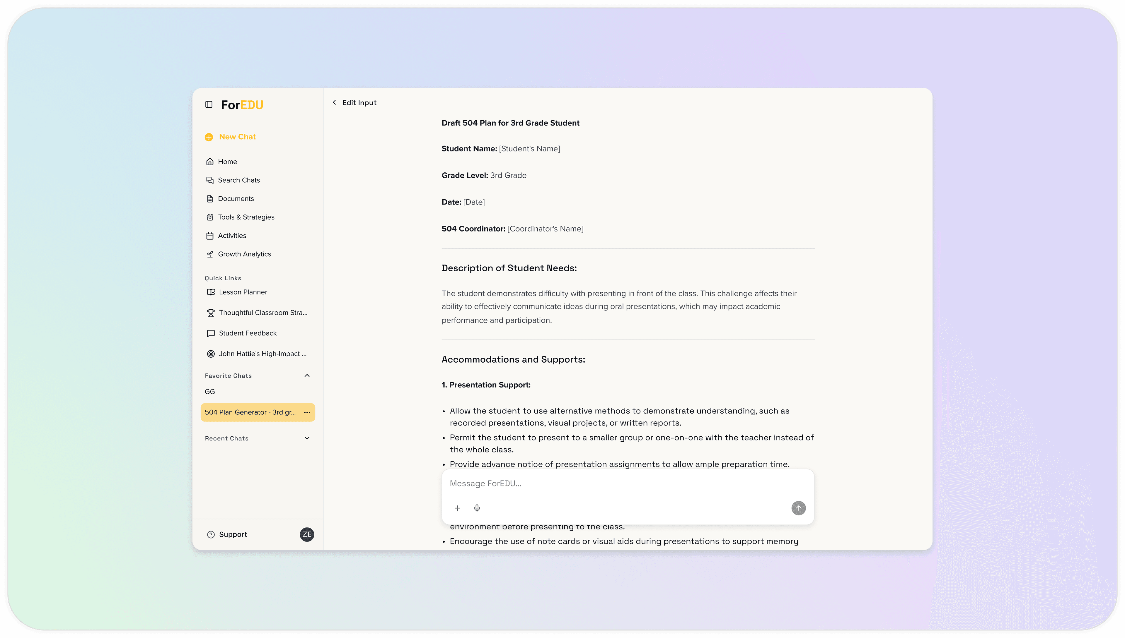 Recent chat page of ForEDU